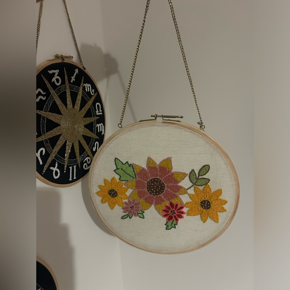 Made in India Beaded Floral Embroidery Hoop Hanging Wall Art
